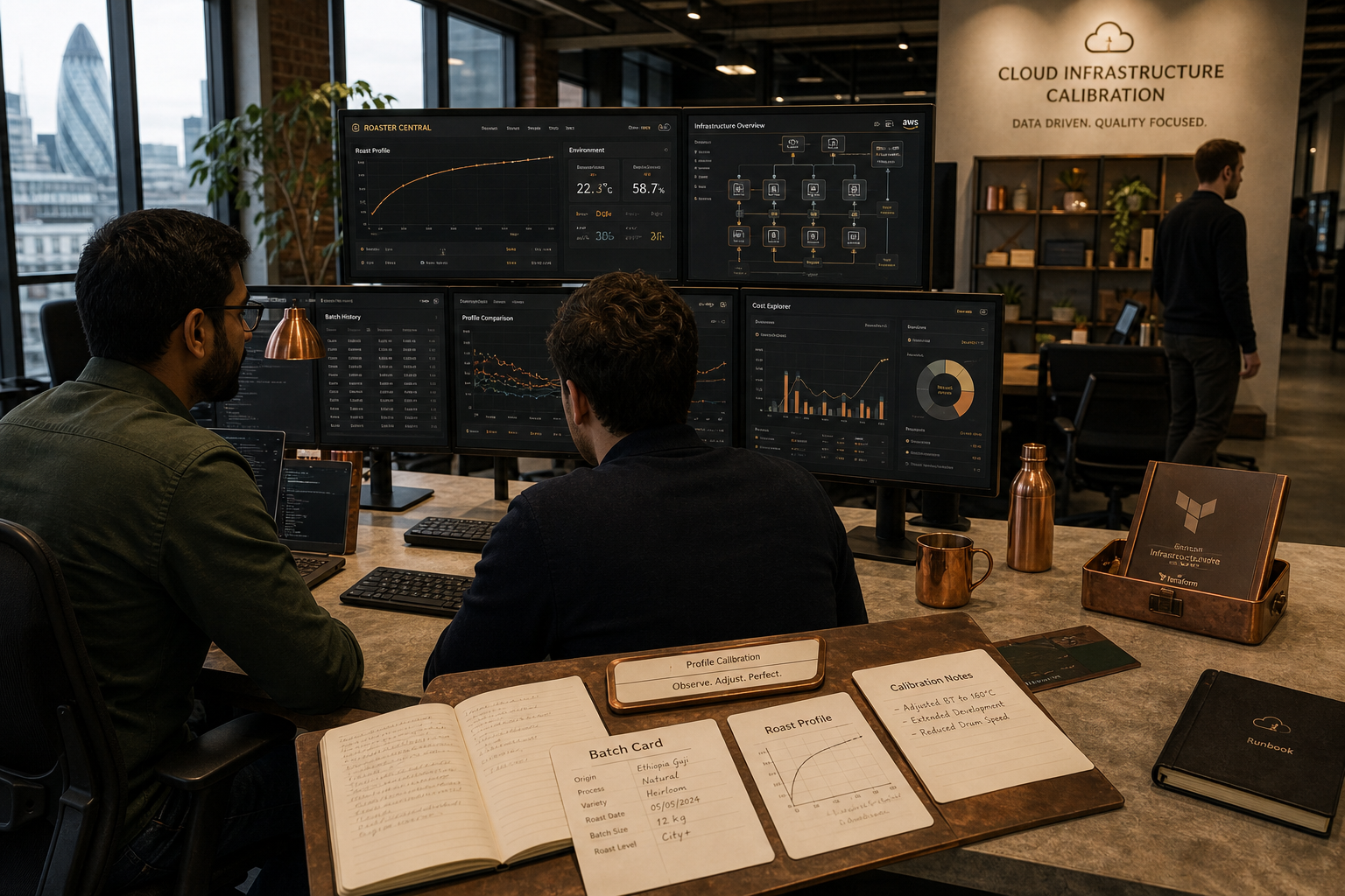 SALTZ LTD cloud infrastructure calibration desk with profile boards and monitoring screens